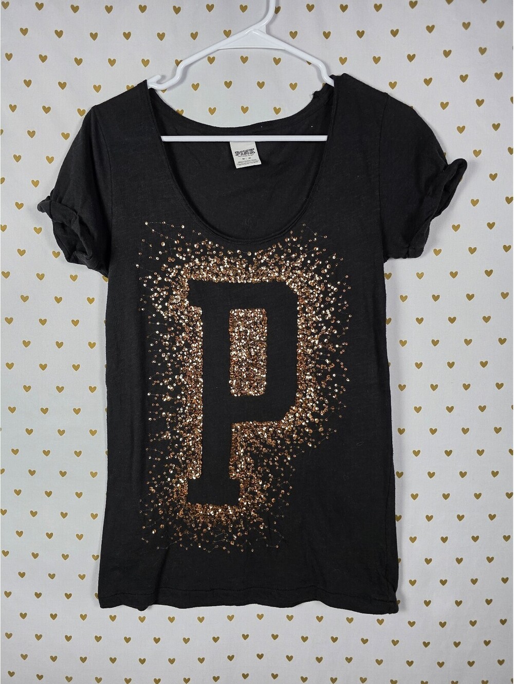Victorias Secret PINK BLING Gold Glitter Studded tee shirt MEDIUM